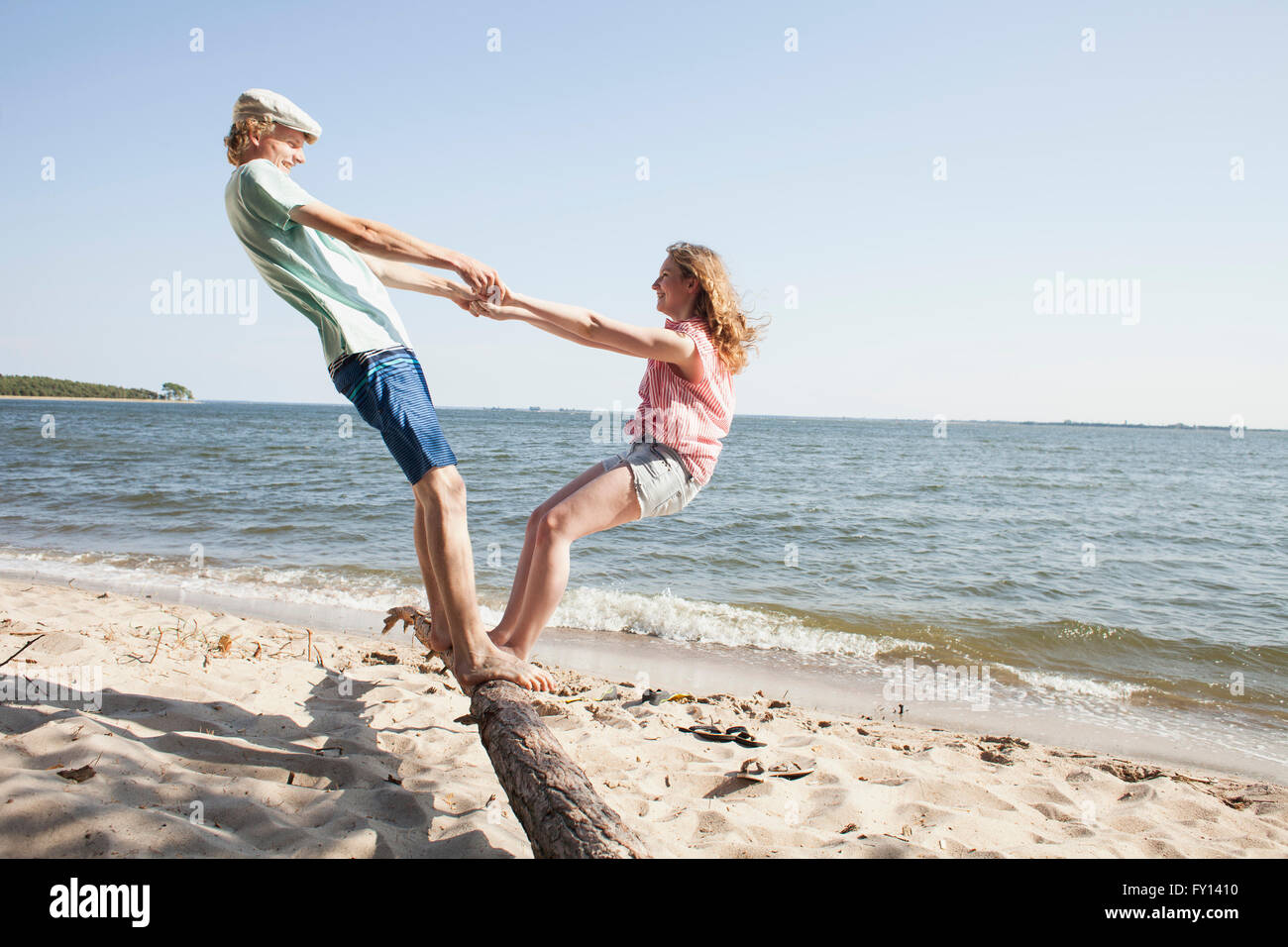 Friends holding hands while standing on driftwood at beach against clear sky Stock Photo