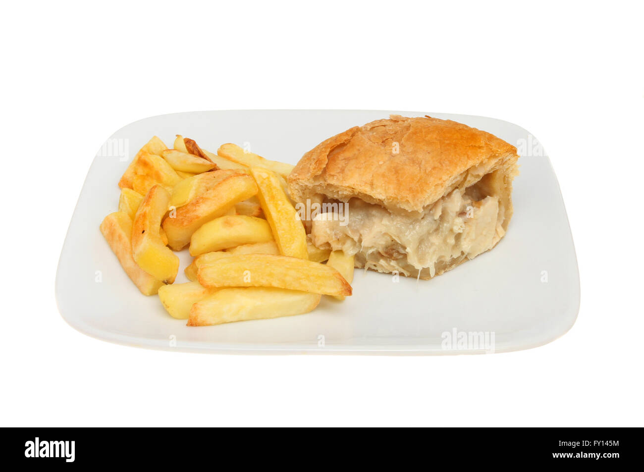 Portion of chicken pie and potato chips on a plate isolated against white Stock Photo