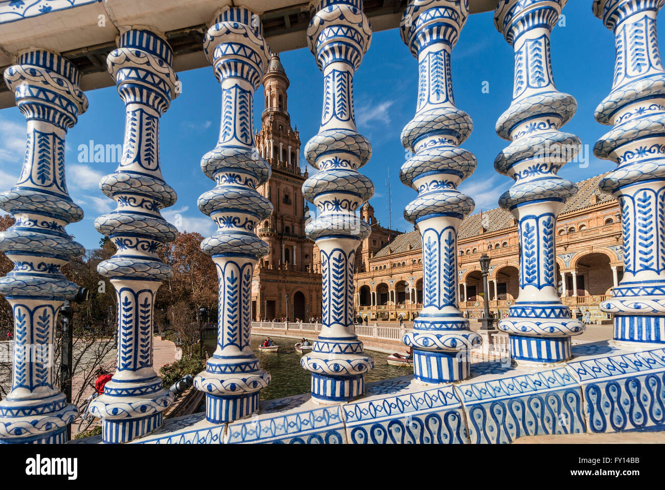 Placa de Espana, ceramic decor columns, spanish square, Seville, Andalusia, Spain, Stock Photo
