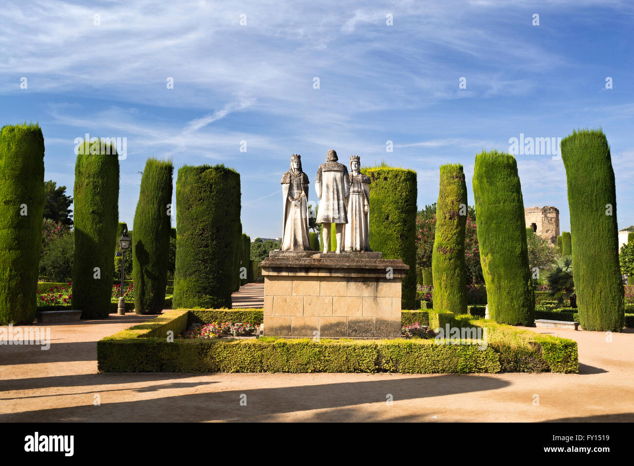 Statues of the Catholic Monarchs (Ferdinand and Isabella) and Christopher Columbus in the gardens of the Alcazar de Cordoba, Spa Stock Photo