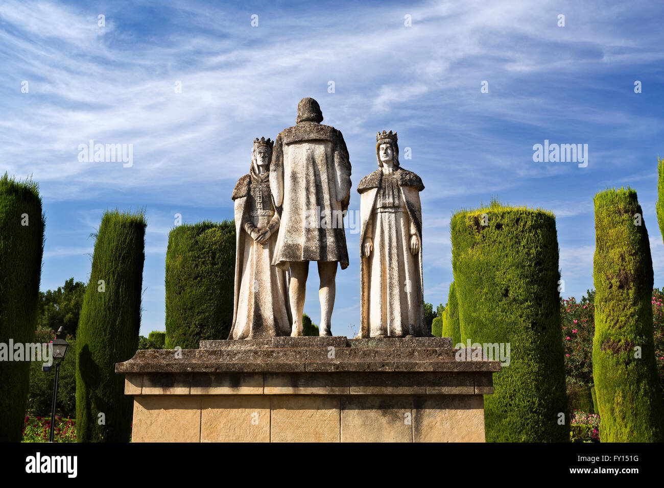 Statues of the Catholic Monarchs (Ferdinand and Isabella) and Christopher Columbus in the gardens of the Alcazar de Cordoba, Spa Stock Photo