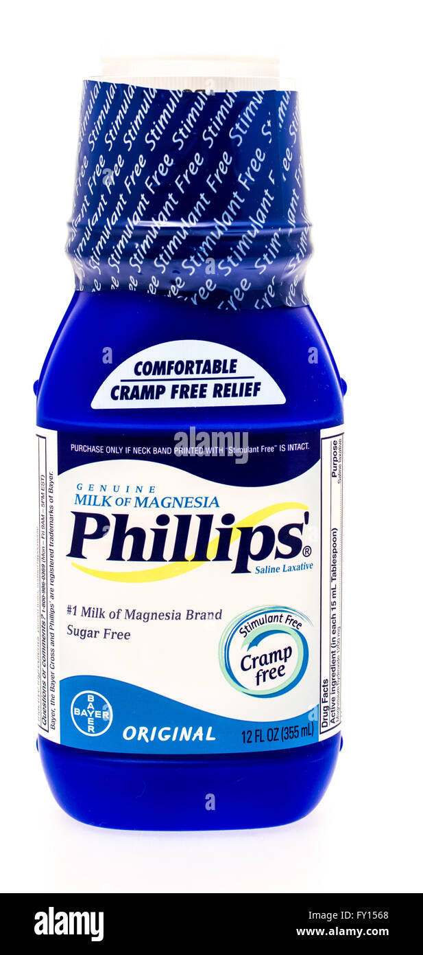 Winneconne, WI -25 Sept 2015:  Bottle of Phillips milk of Magnesia laxitive. Stock Photo