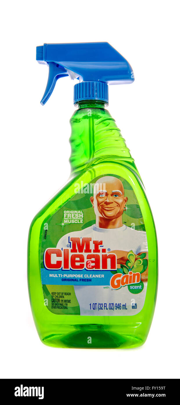 Winneconne, WI -31 Oct 2015: Spray bottle of Mr. Clean all purpose cleaner. Stock Photo