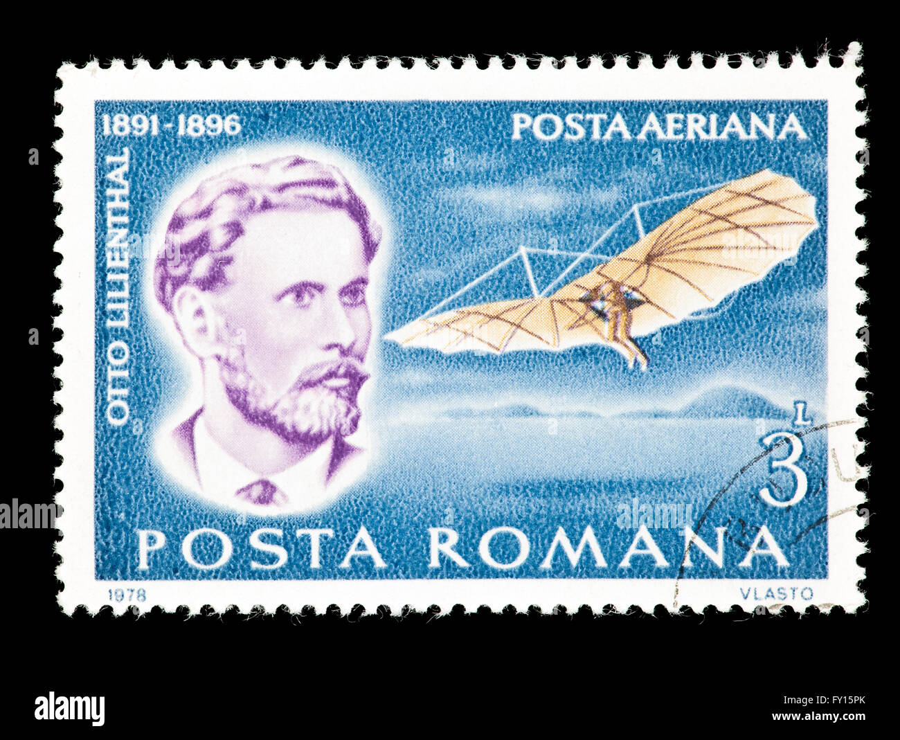 Postage stamp from Romania depicting Otto Lilienthal and his glider in flight. Stock Photo