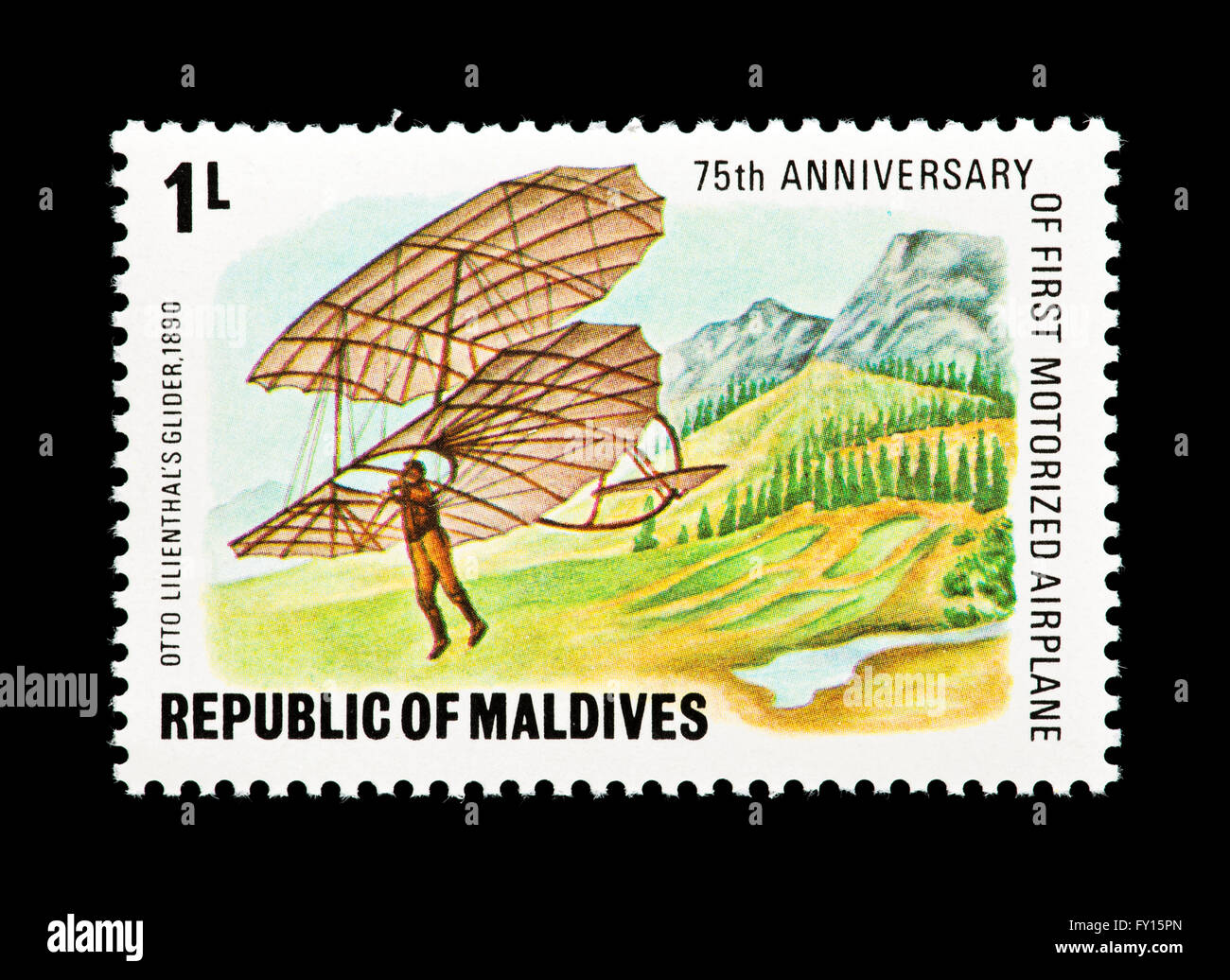 Postage stamp from the Maldives depicting Otto Lilienthal's glider flight in 1890 (75th anniversary powered flight) Stock Photo