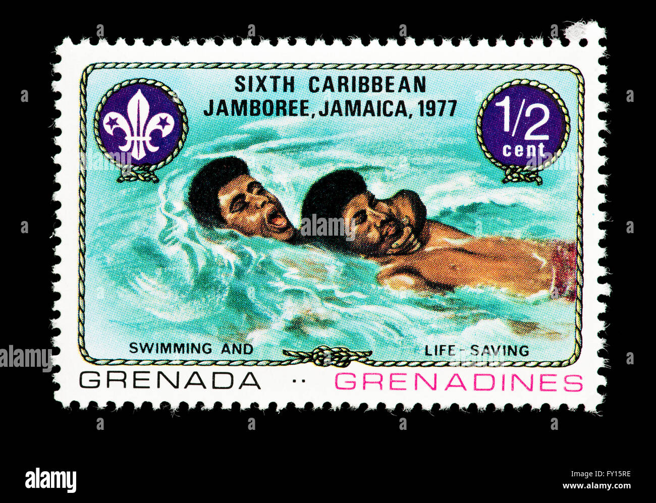 Postage stamp from Grenada Grenadines depicting a water swimming rescue, issued for the 6'th Caribbean Jamboree in Jamaica, 1977 Stock Photo