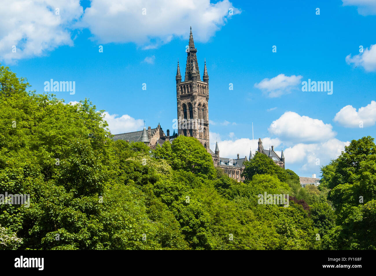 The University of Glasgow taken from Kelvingrove Park on a sunny summer day Stock Photo