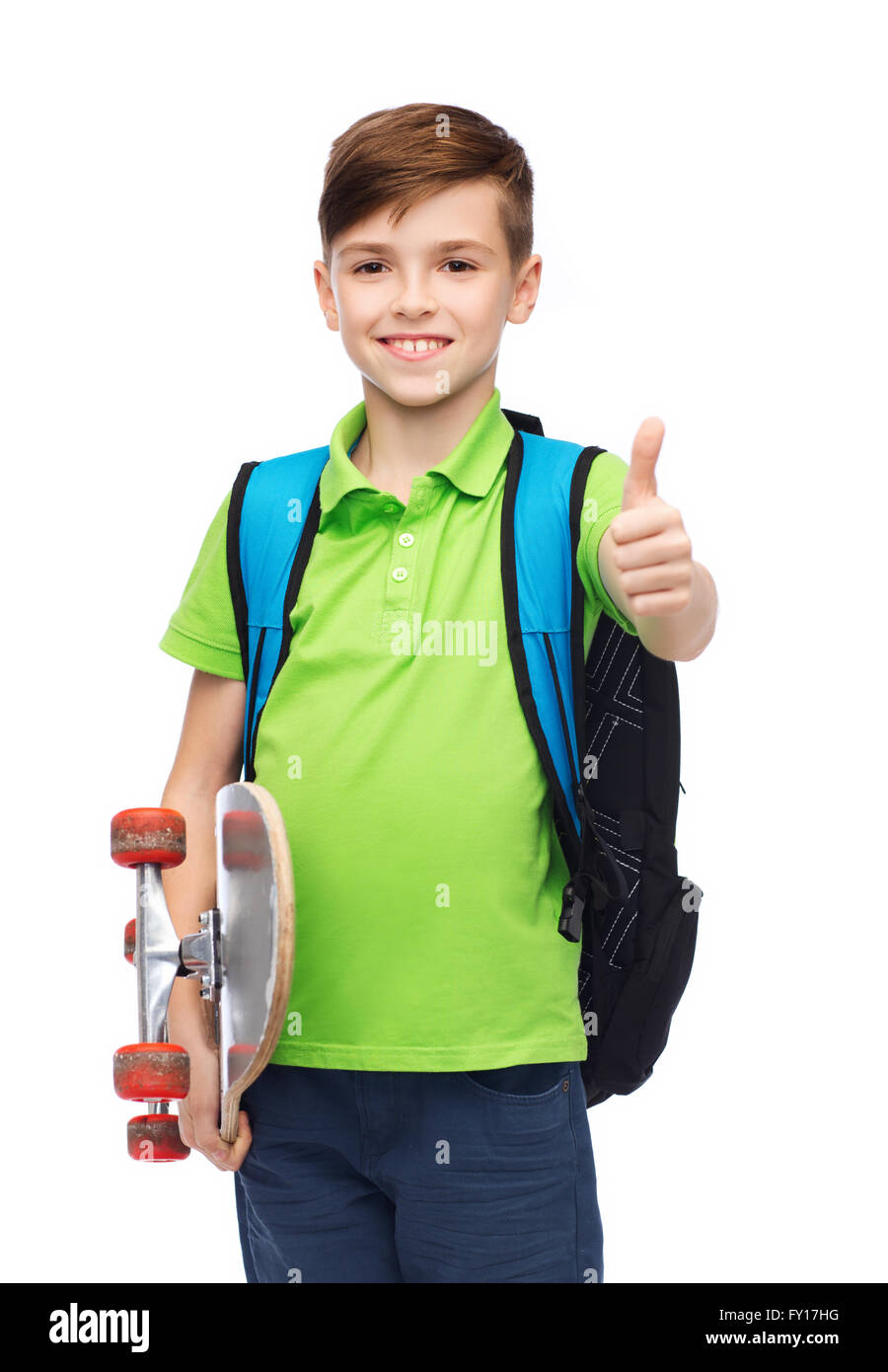 boy with backpack and skateboard showing thumbs up Stock Photo Alamy