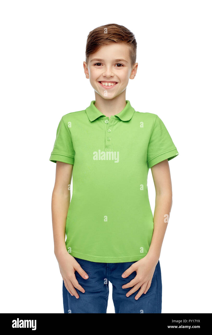 happy boy in green polo t-shirt Stock Photo - Alamy