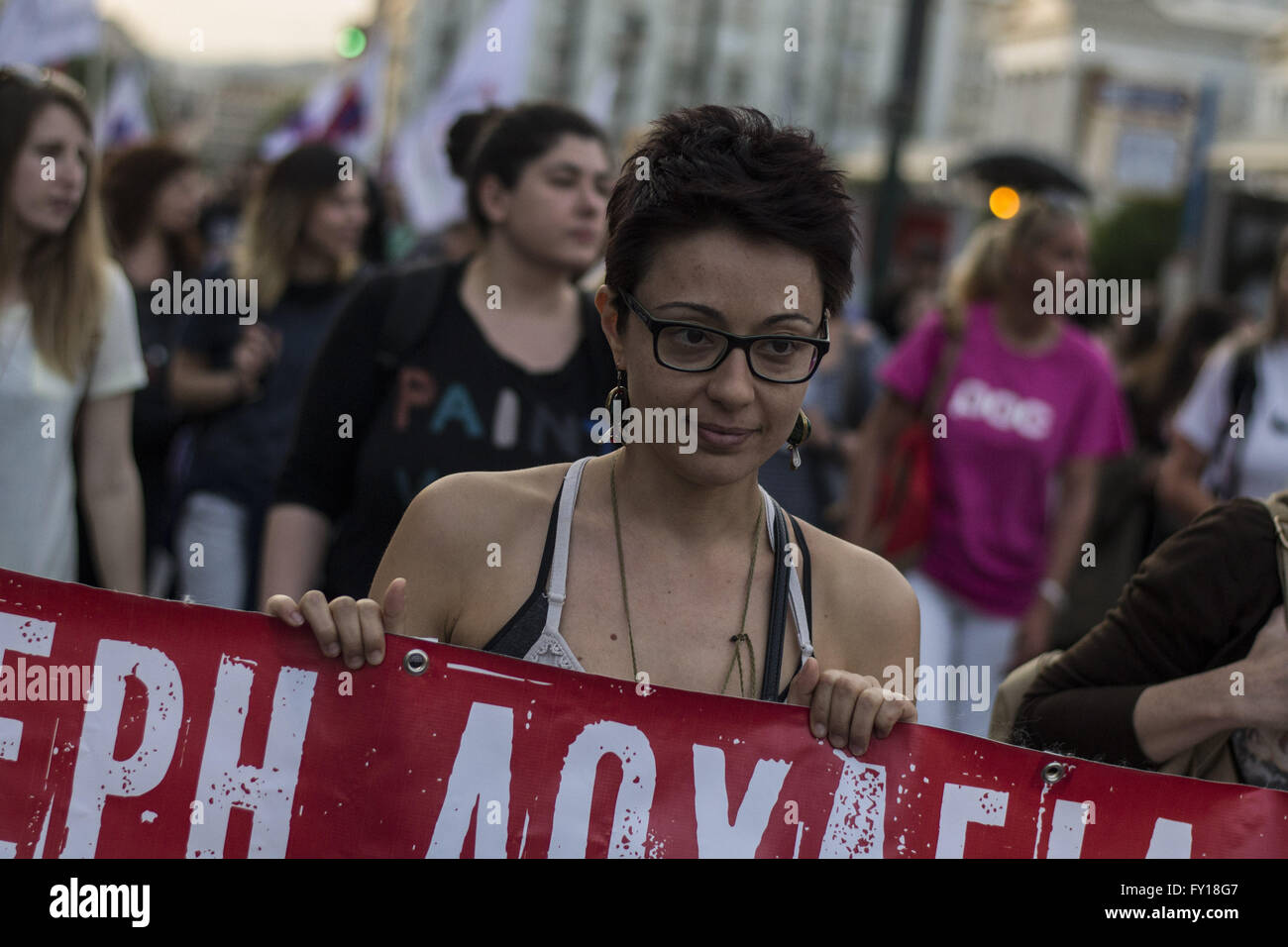 Athens, Greece. 19th Apr, 2016. Standby teachers in public education march shouting slogans against the government and the reforms it is about to pass, which as the claim, will bring layoffs. © Nikolas Georgiou/ZUMA Wire/Alamy Live News Stock Photo