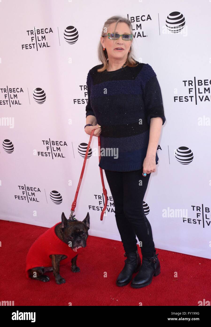 New York, NY, USA. 19th Apr, 2016. Carrie Fisher, her dog Gary Fisher at arrivals for Tribeca Tune In: CATASTROPHE Season 2 Screening at 2016 Tribeca Film Festival, The School of Visual Arts (SVA) Theatre, New York, NY April 19, 2016. Credit:  Derek Storm/Everett Collection/Alamy Live News Stock Photo