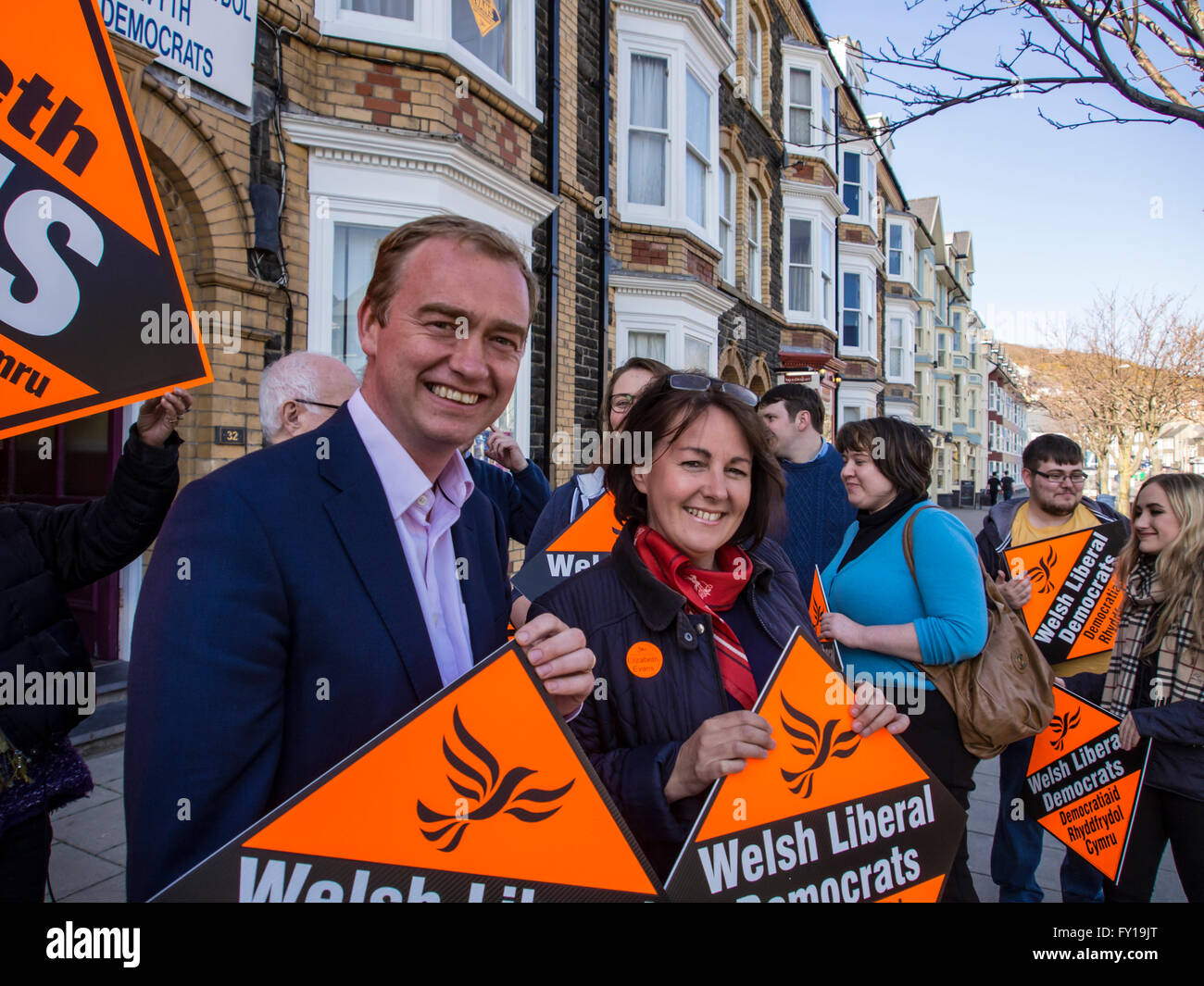 Aberystwyth, UK. 19th April, 2016. Liberal Democrat Leader TIM FARRON MP visits Aberystwyth. TIM FARRON spends the evening out canvassing with local Lib Dem activists in support of ELIZABETH EVANS campaign for the Welsh Assembly in Llanbadarn Fawr and Bow Street. Credit:  Veteran Photography/Alamy Live News Stock Photo