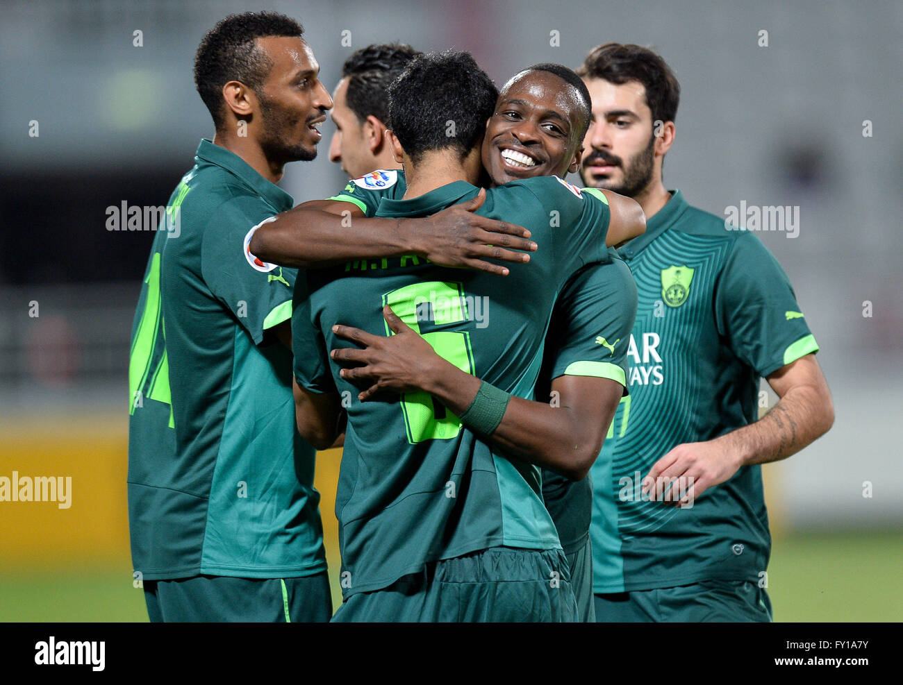 Doha Qatar 19th Apr 16 Players Of Al Ahli Celebrate After Scoring During The Afc Asian Champions League Group D Football Match Between Saudi Arabia S Al Ahli And Qatar S El Jaish In