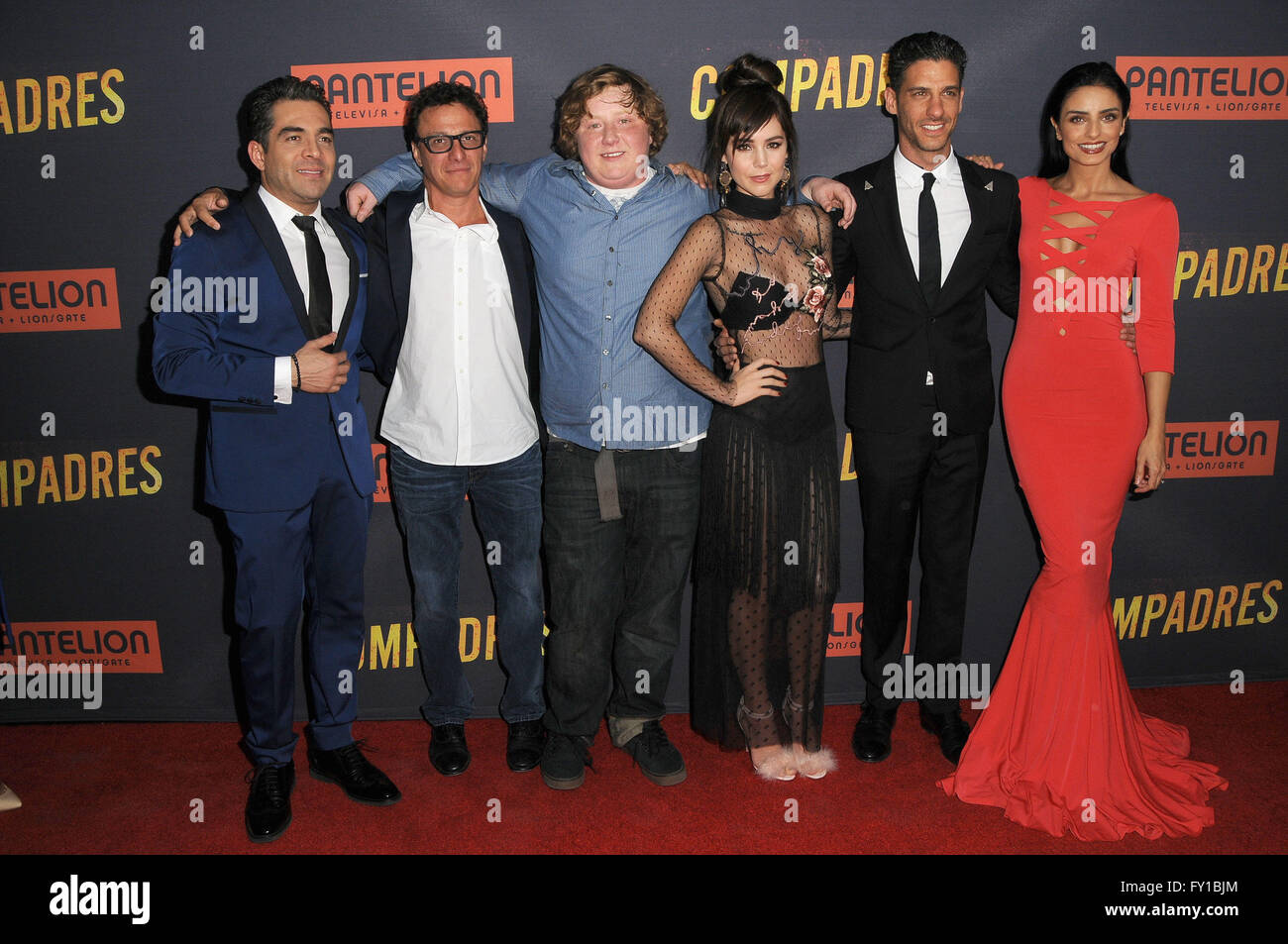 Hollywood, CA, USA. 19th Apr, 2016. Omar Chaparro, Enrique Begne, Joey  Morgan, Camila Sodi, Erik Elias, Aislinn Derbez. Arrivals for the Los  Angeles premiere of ''Compadres'' held at ArcLight Hollywood. Photo Credit