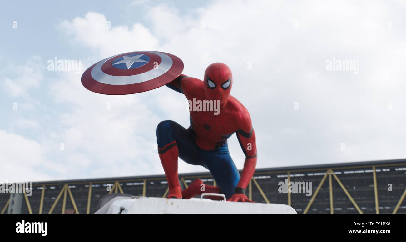 RELEASE DATE: May 6, 2016 TITLE: Captain America: Civil War STUDIO: Marvel Pictures DIRECTOR: Anthony Russo, Joe Russo PLOT: Political interference in the Avengers' activities causes a rift between former allies Captain America and Iron Man PICTURED: Tom Holland as Peter Parker / Spider-Man (Credit Image: c MarvelEntertainment Pictures/) Stock Photo