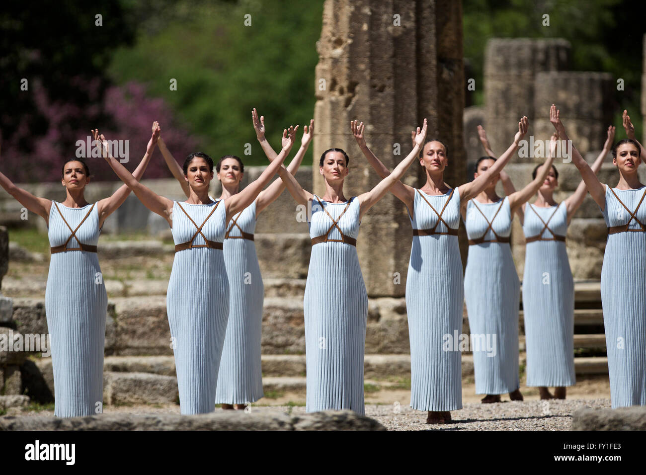Olympia, Greece. 20th Apr, 2016. Greek actresses perform a dance during ...