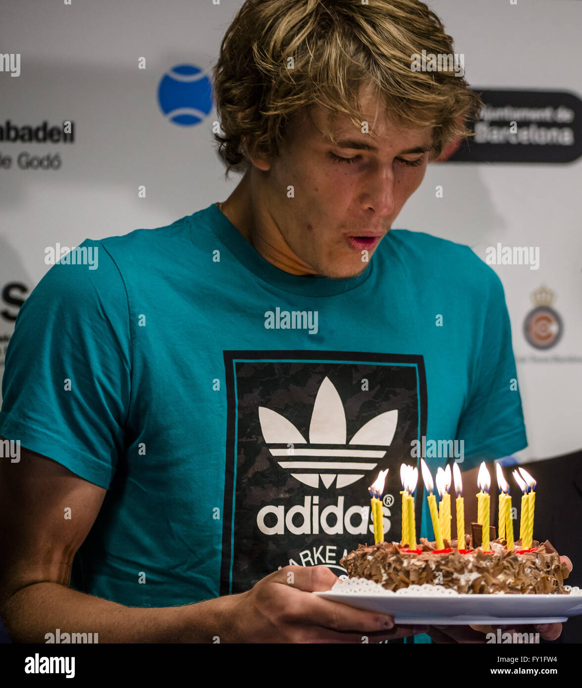 Barcelona, Catalonia, Spain. 20th Apr, 2016. ALEXANDER ZVEREV (GER)  receives a birthday cake for his 19th birthday during a press conference  after his victory over Thomaz Belluci (BRA) during the 2nd round
