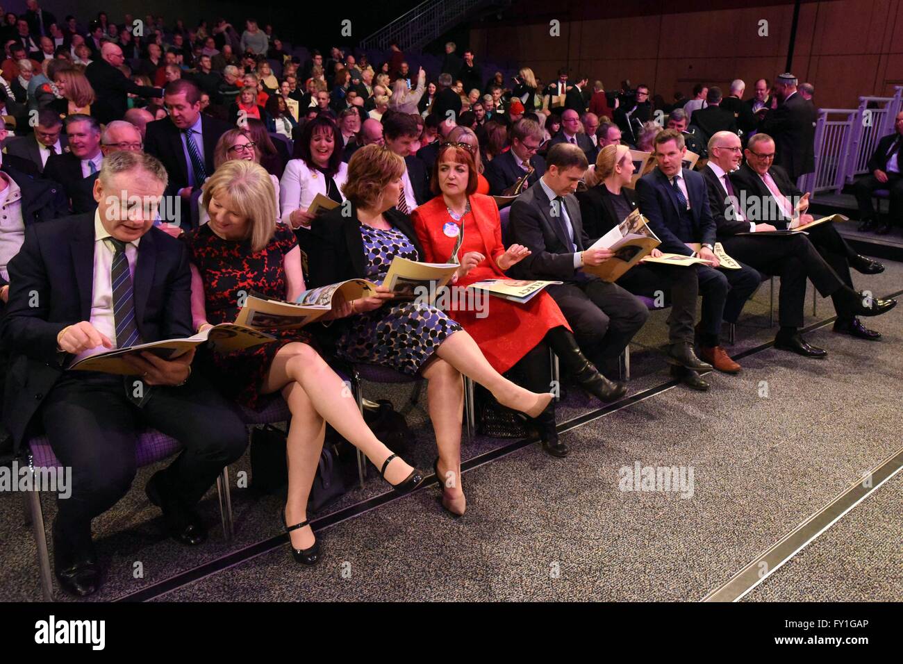Edinburgh, Scotland, United Kingdom, 20, April, 2016. SNP Cabinet ministers (front row) study copies of the SNP manifesto for the Scottish Parliament elections at its launch in front of an invited audience of 1400 supporters, Credit:  Ken Jack / Alamy Live News Stock Photo