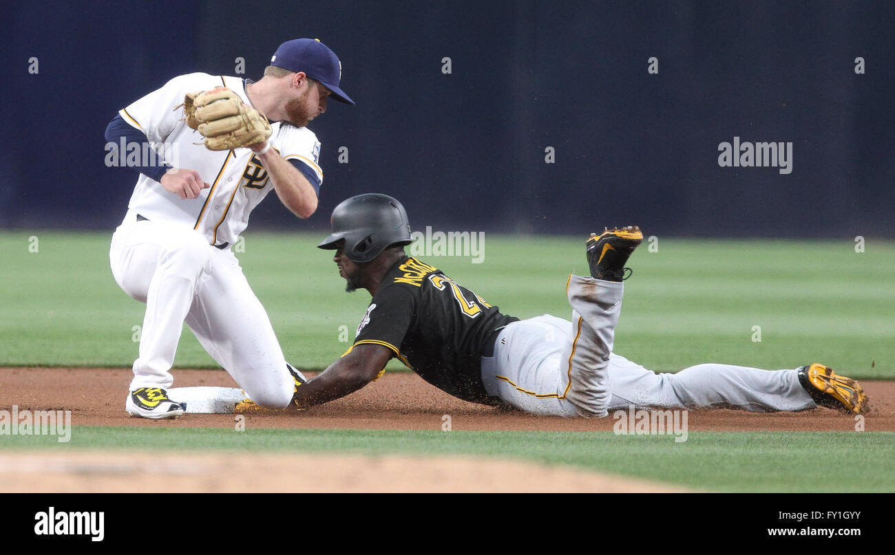 San Diego, USA. 19th Apr, 2016. SAN DIEGO, April 19, 2016 | The Pirates' Andrew McCutchen steals second base as the Padres' Cory Spangenberg applies a late tag in the first inning at Petco Park in San Diego on Tuesday. | Photo by Hayne Palmour IV/San Diego Union-Tribune/Mandatory Credit: HAYNE PALMOUR IV/SAN DIEGO UNION-TRIBUNE/ZUMA PRESS San Diego Union-Tribune Photo by Hayne Palmour IV copyright 2016 © Hayne Palmour Iv/San Diego Union-Tribune/ZUMA Wire/Alamy Live News Stock Photo