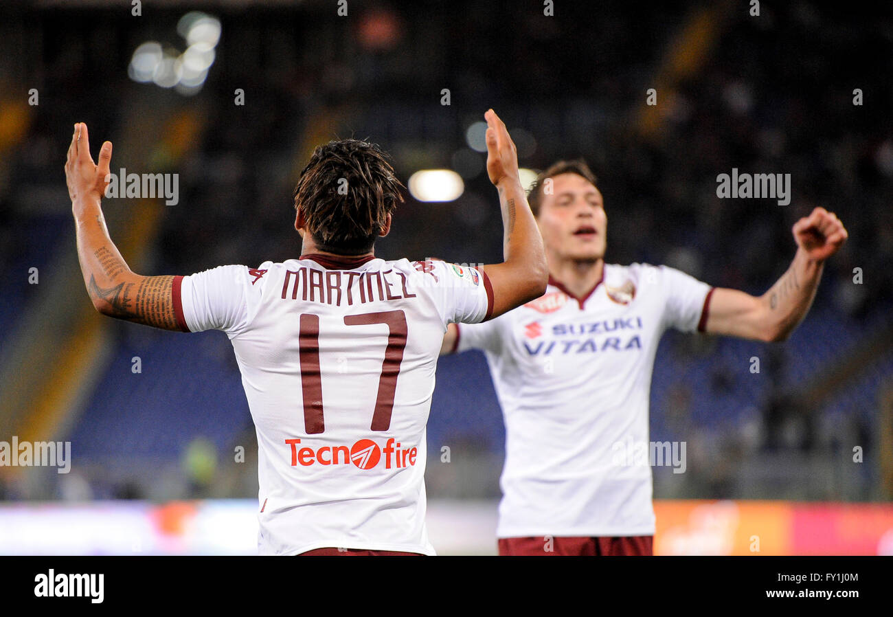 Rome, Italy. 20 april, 2016: Josef Martinez (left) and  Andrea Belotti celebrates after a goal during the Serie A football match between AS Roma and Torino FC. Credit:  Nicolò Campo/Alamy Live News Stock Photo