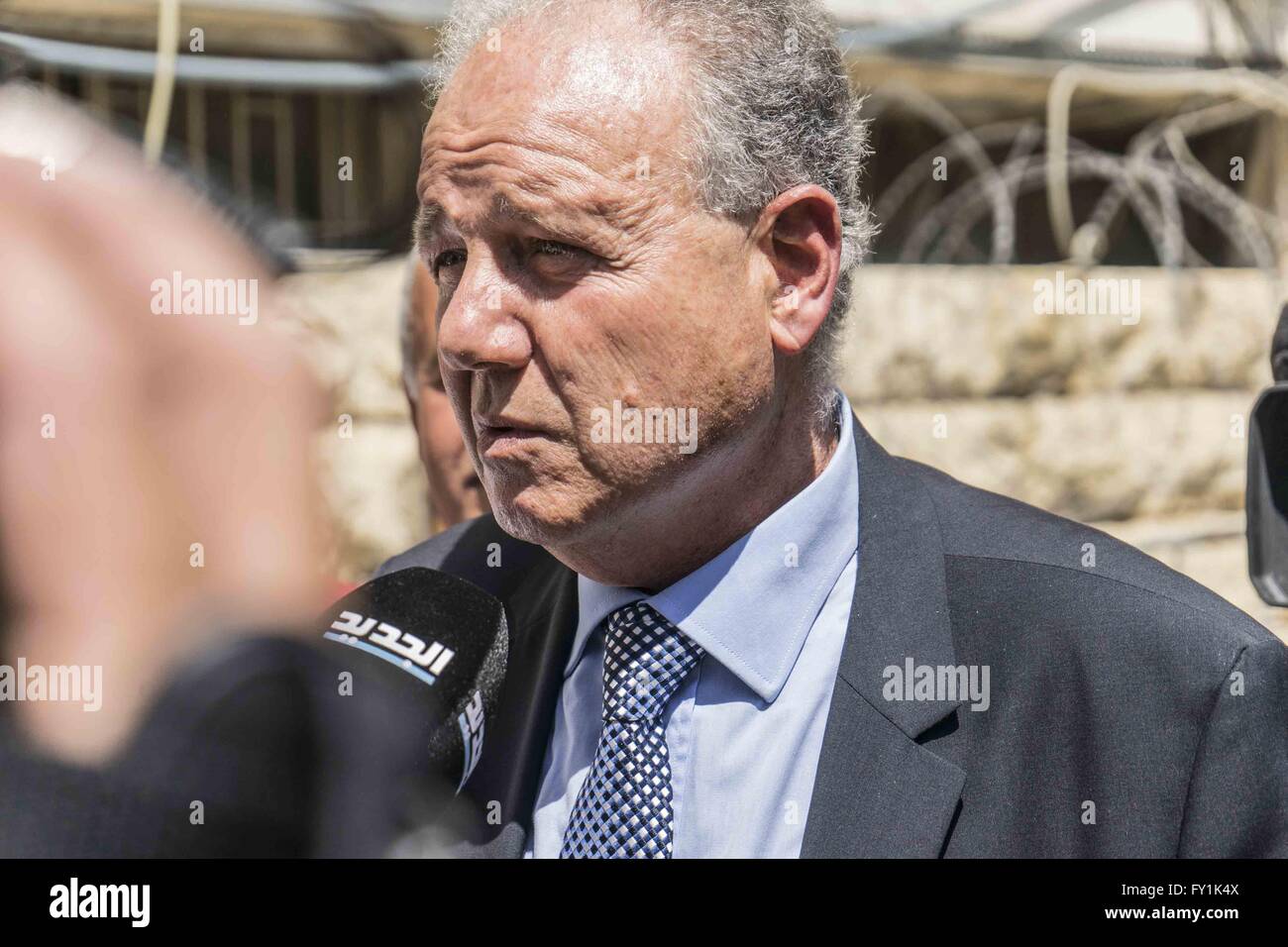 Beirut, Lebanon. 20th Apr, 2016. April 20, 2016 - Baabda Court House, Beirut, Lebanon: Lawyer for Sally Faulkner, Ghassan Moghabghab outside the courthouse where his client Sally Faulkner of Brisbane, Australia, and members of the Australian TV show '60 Minutes', a Nine Network production, were released after abducting her two children from the custody of her estranged husband, Ali Zeid al-Amin, a surfing instructor who lives south of the Lebanese capital, Beirut. Tara Brown, the presenter famous from 60 Minutes, reporter Stephen Rice, cameraman Ben Williamson and sound recordist David Bal Stock Photo