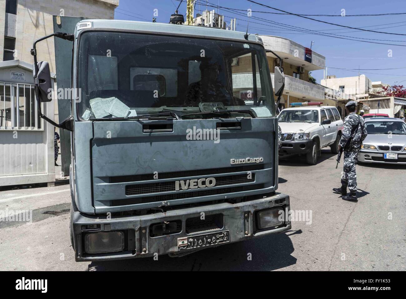 Beirut, Lebanon. 20th Apr, 2016. April 20, 2016 - Baabda Court House, Beirut, Lebanon: Truck transporting Sally Faulkner of Brisbane, Australia, and members of the Australian TV show '60 Minutes', a Nine Network production, are being held after abducting her two children from the custody of her estranged husband, Ali Zeid al-Amin, a surfing instructor who lives south of the Lebanese capital, Beirut. Tara Brown, the presenter famous from 60 Minutes, reporter Stephen Rice, cameraman Ben Williamson and sound recordist David Ballment were arrested while in Beirut to cover the story of Brisbane Stock Photo