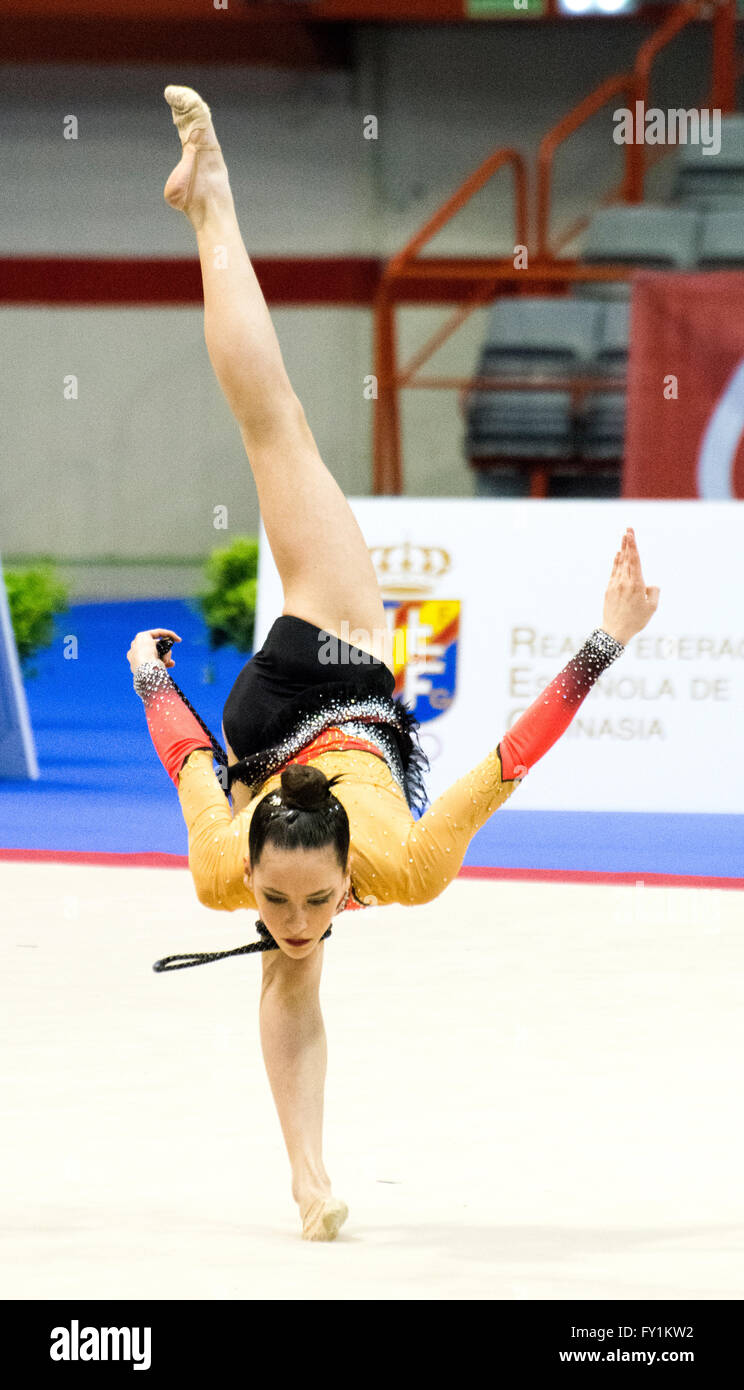Gijon, Spain. 20th April, 2016. Rhythmic gymnast perfoms with a rope