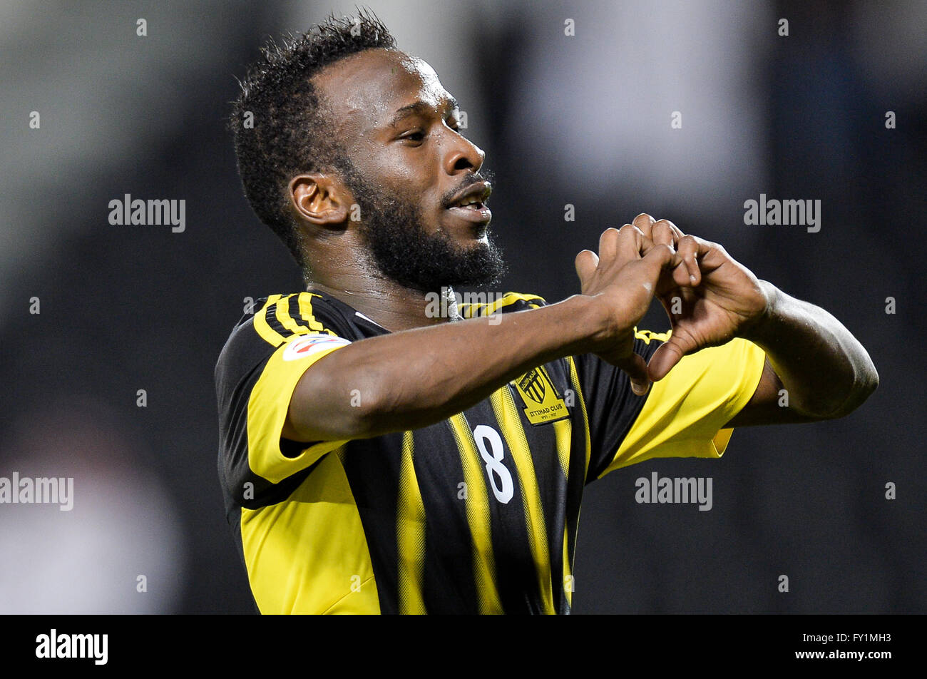Doha, Qatar. 20th Apr, 2016. Fhad Almuwallad of Saudi Arabia's Al-Ittihad  celebrates after scoring the second goal against Iran's Foolad Mobarakeh  Sepahan during the AFC Asian Champions League Group A match in