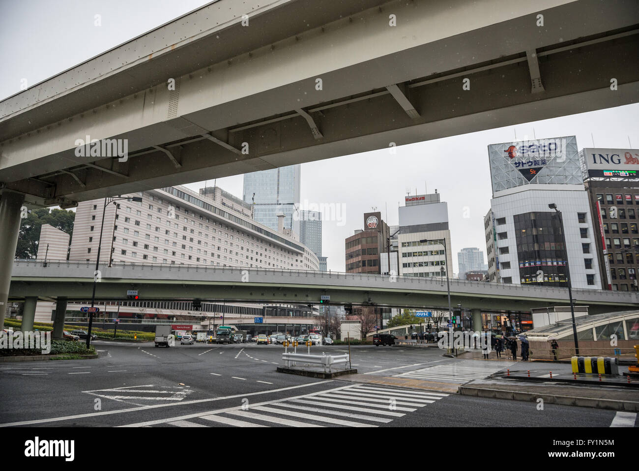 Sotobori Street under the Shuto Expressway, Route 4 in Tokyo city, Japan Stock Photo
