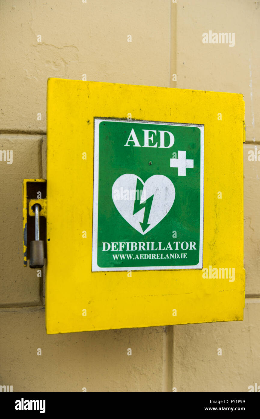 Locked defibrillator in Clonakilty, West Cork, Ireland. Stock Photo