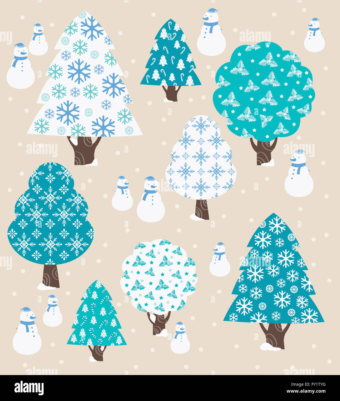 Various tree shapes in blue with patterns in illustration Stock Photo ...