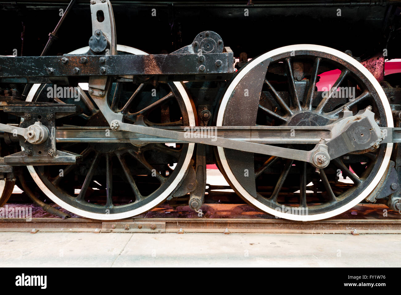 Close up wheels on stream powered locomotive. Southeastern Railway Museum Stock Photo