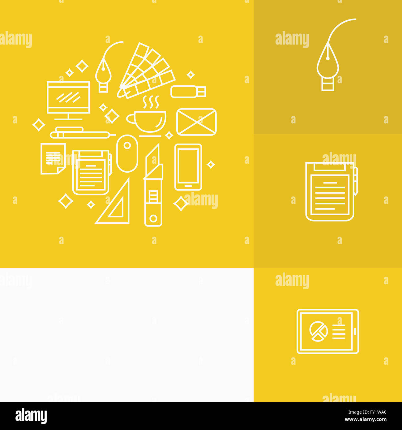 Various icons related to working on computer on yellow background in ...