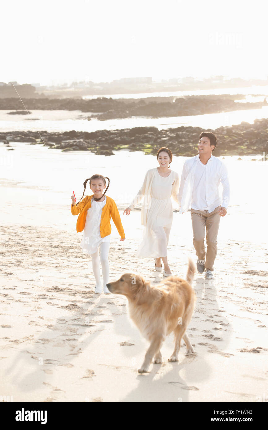 Daughter and her parents with a dog walking together at the beach in Jeju island Stock Photo
