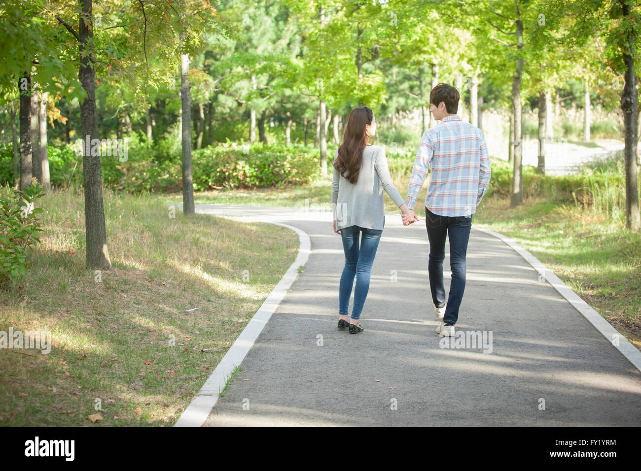 Back appearance of a couple walking hand in hand at the park Stock ...