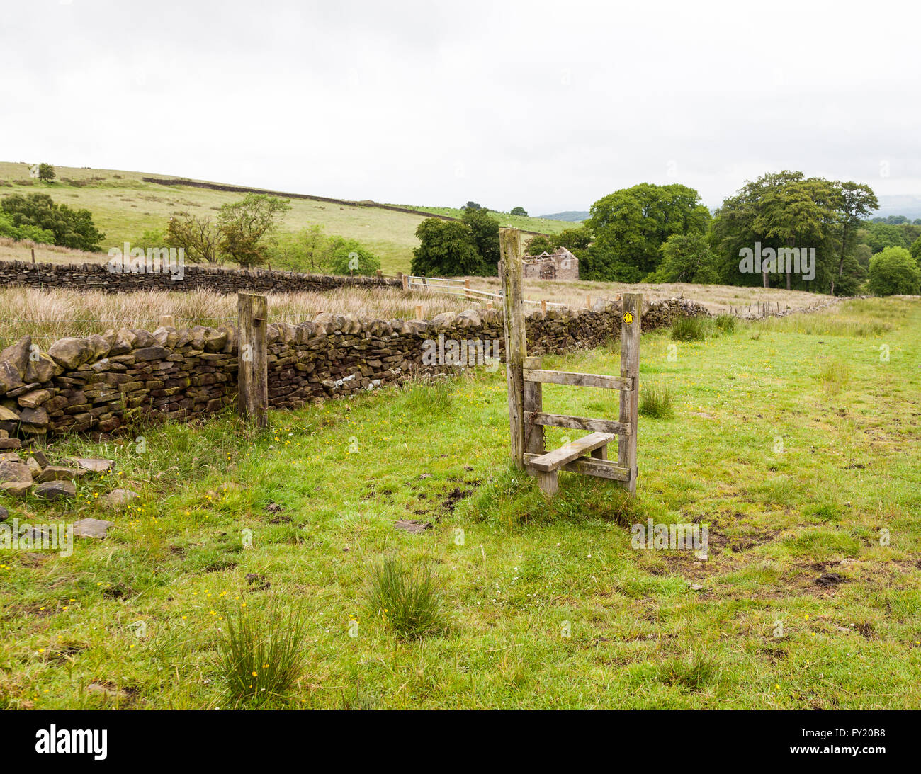 A stile alone in the middle of a field with no fencing around it Stock Photo