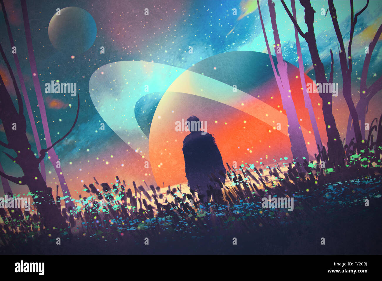 man standing alone in forest with fictional planets background,illustration Stock Photo