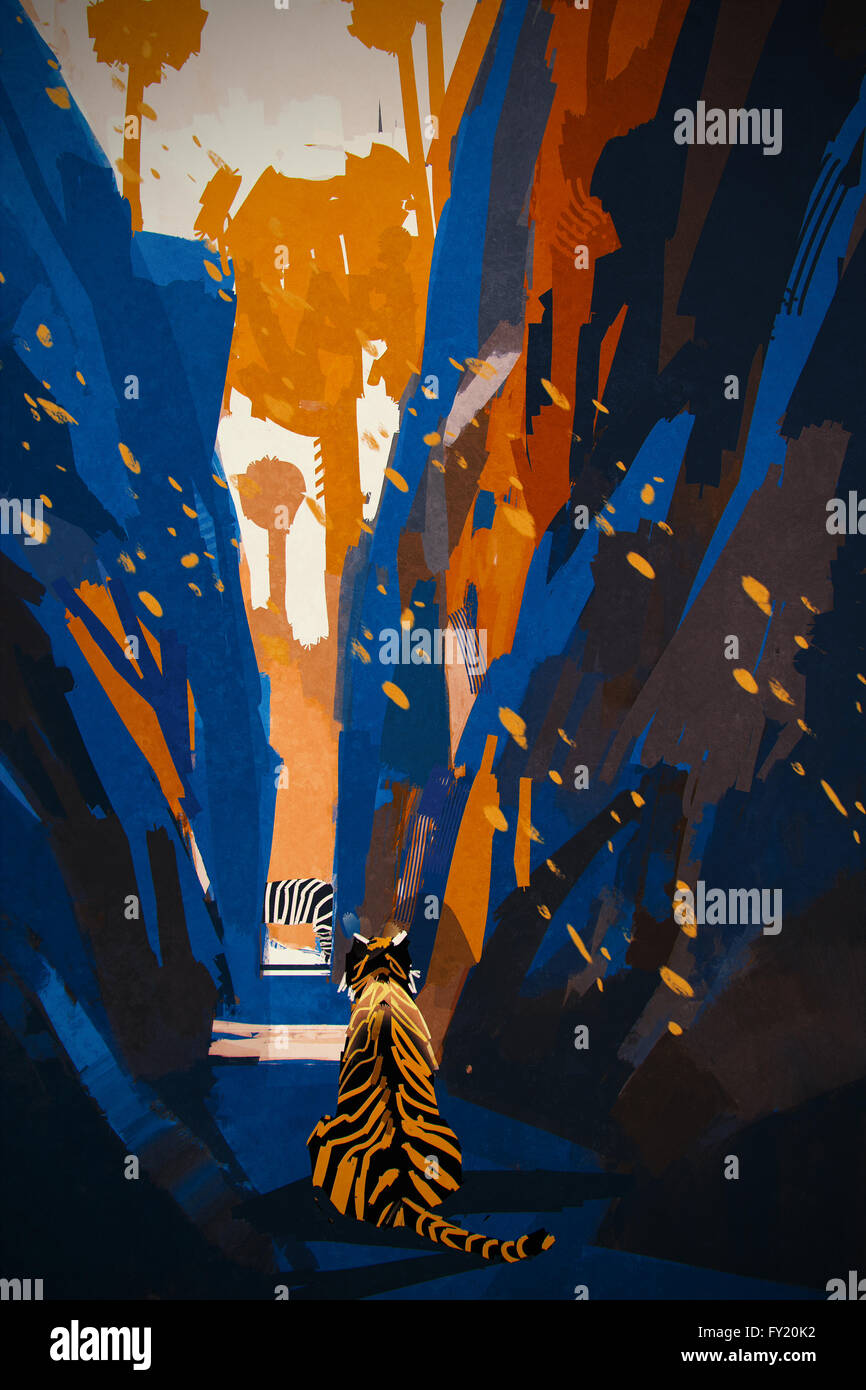 tiger stalking in narrow rock wall,illustration digital painting Stock Photo