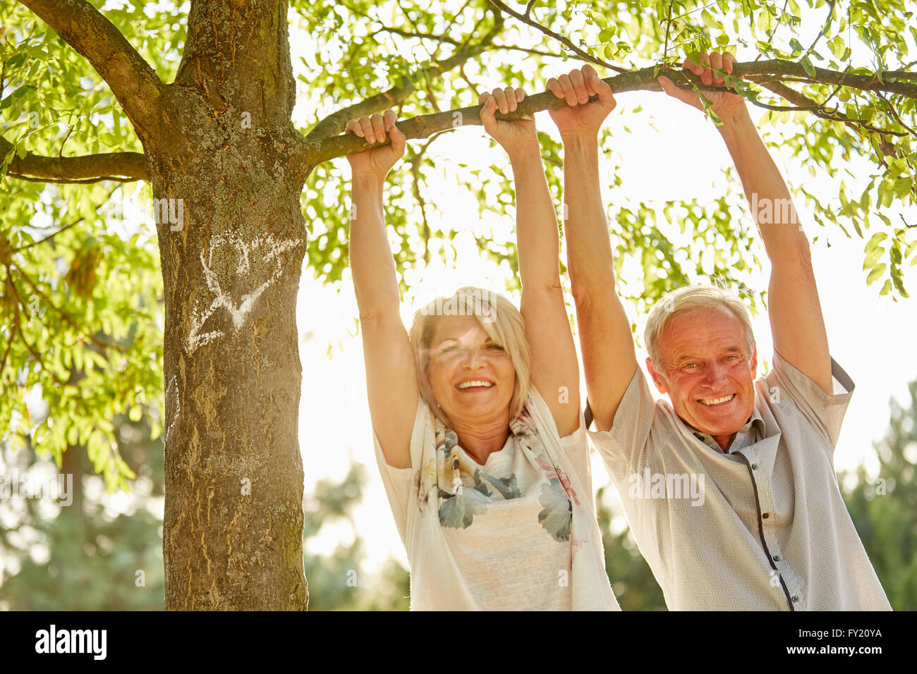 Senior couple in love happily hanging from a tree in summer Stock Photo