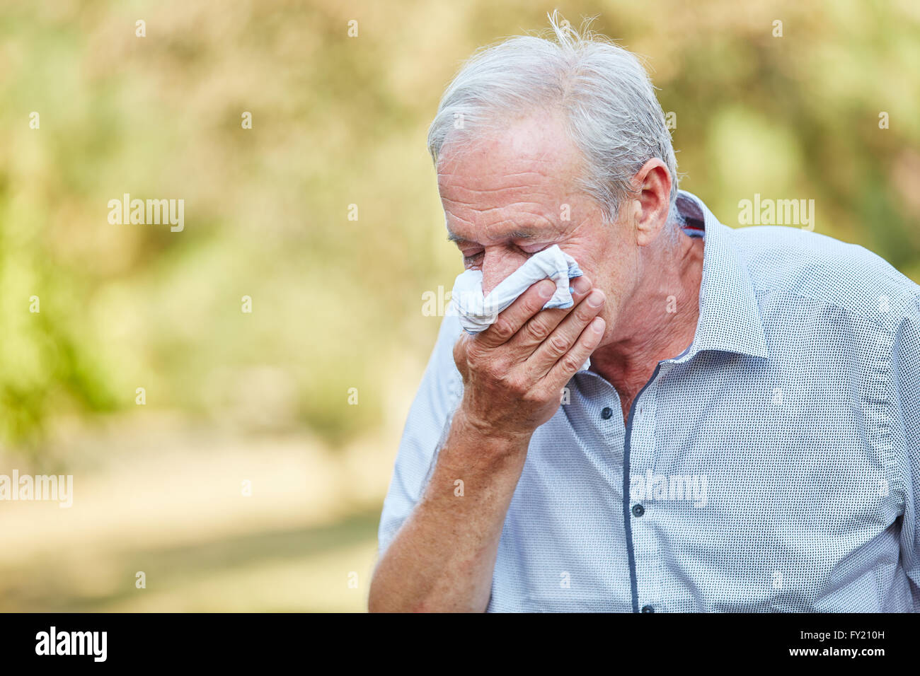 Old man with a cold using a tissue in the nature Stock Photo