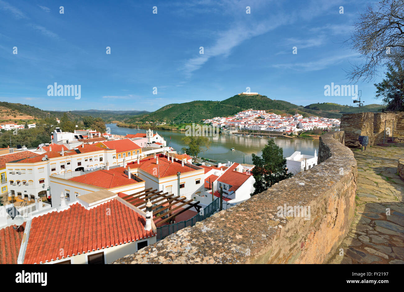 Portugal, Algarve: View from the castle of Alcoutim to river Guadiana and spanish San Lucar del Guadiana Stock Photo