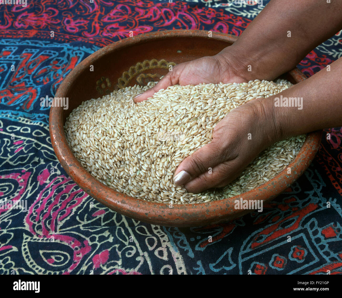 A bowl of organic long grain brown rice. (Uncooked.) Stock Photo