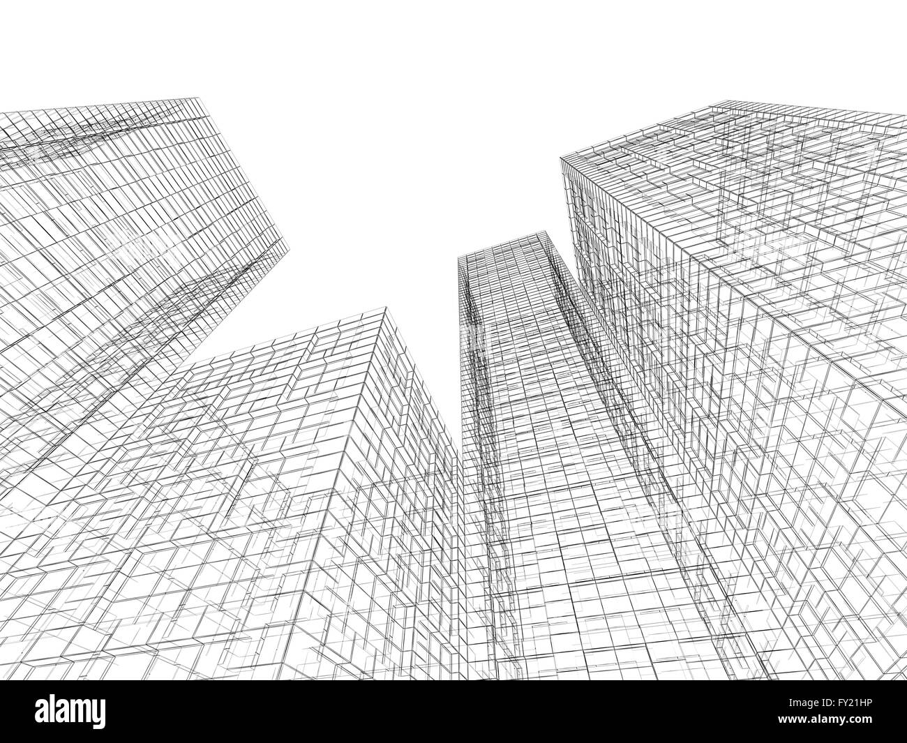 Abstract digital graphic background. Tall buildings perspective view, black wire frame lines isolated on white background. 3d re Stock Photo