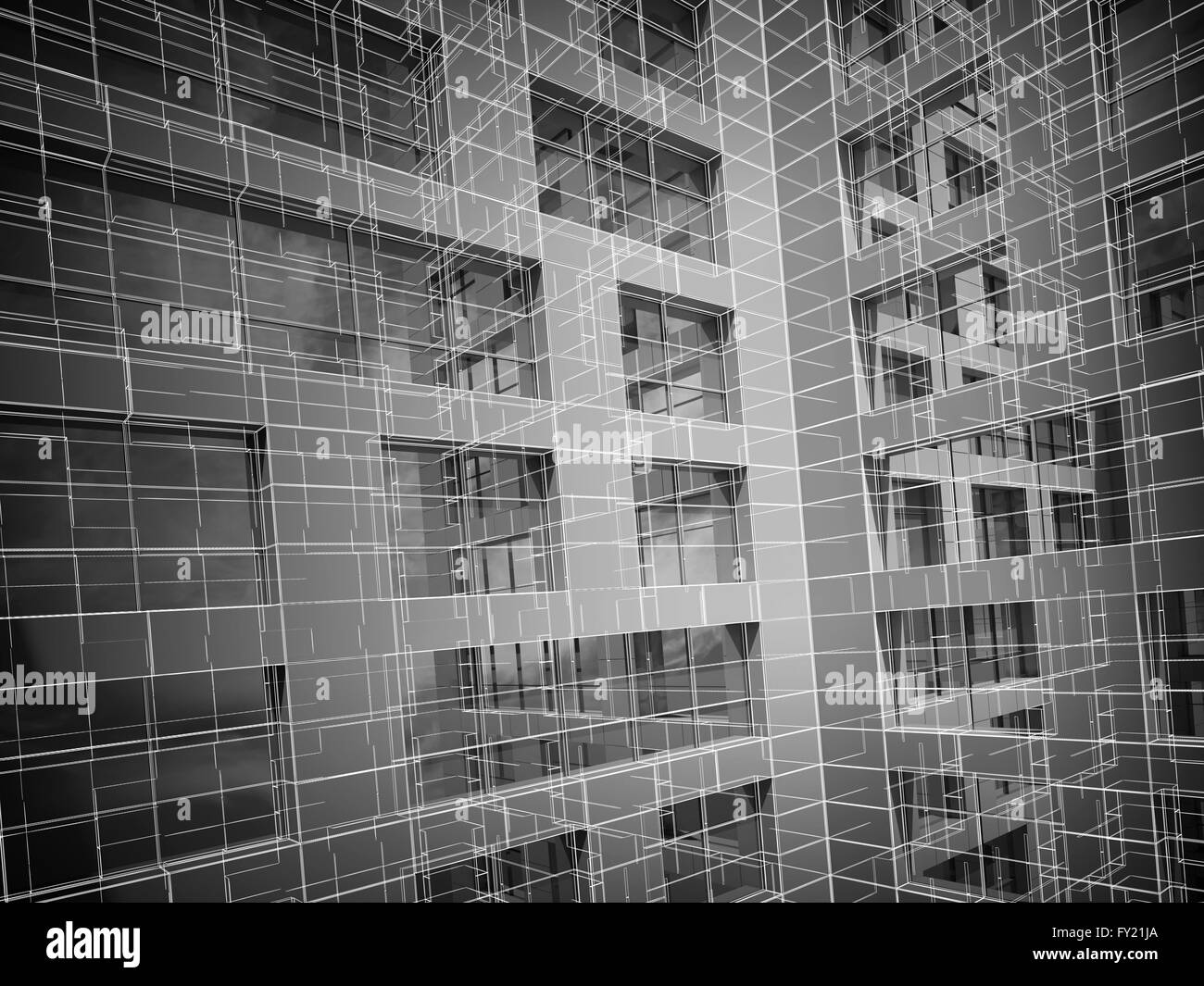 Abstract modern architecture background with wire-frame lines, 3d render illustration Stock Photo