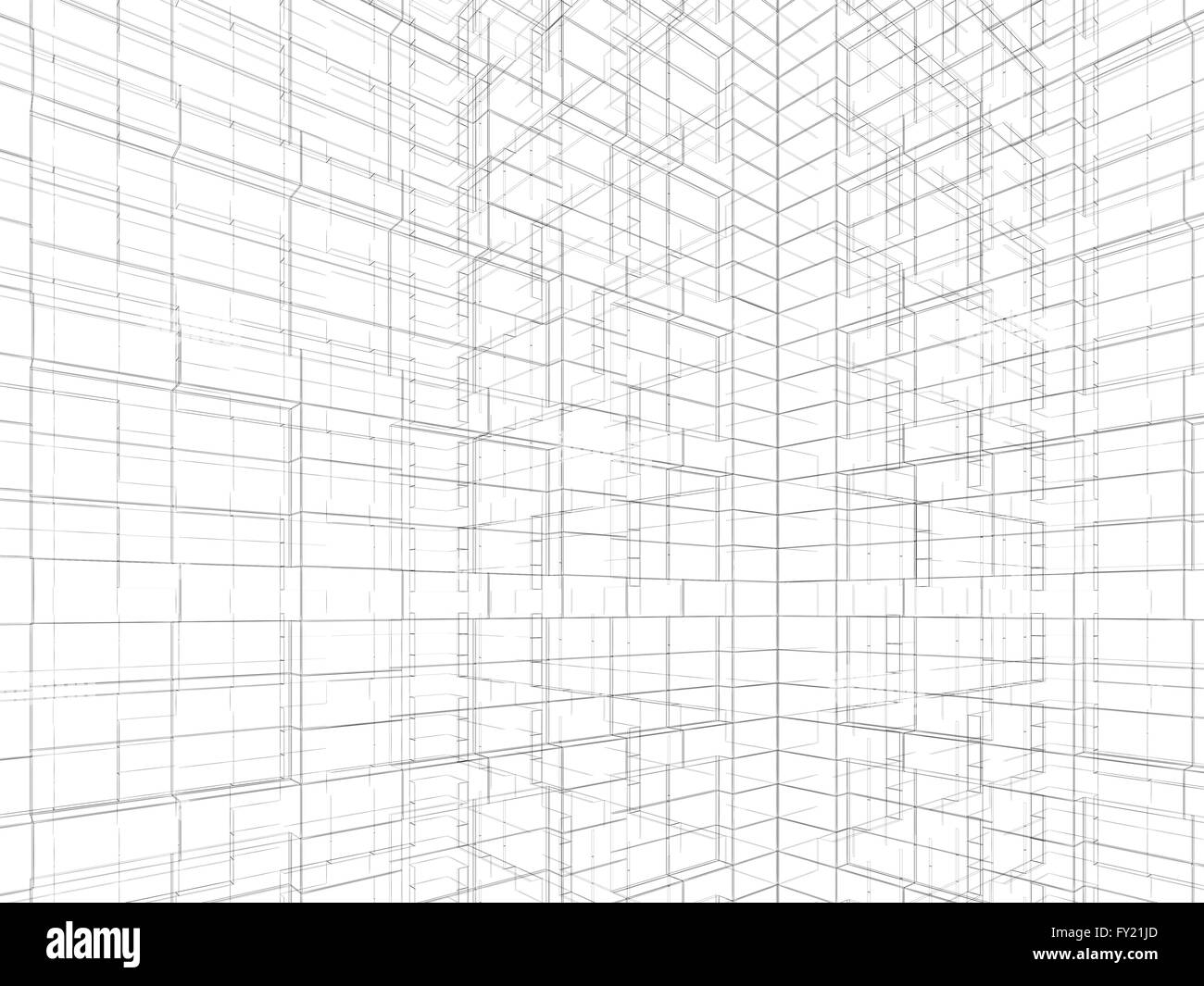 Abstract digital graphic background. Artificial geometric structures made of black wire frame lines on white background. 3d Stock Photo