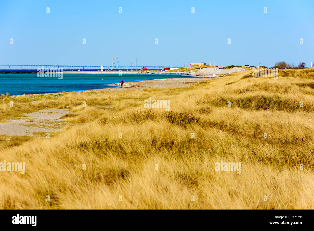 View of a part of the beach at Skanor peninsula in southern Sweden with the harbor and the bridge to Denmark of in the heat haze Stock Photo