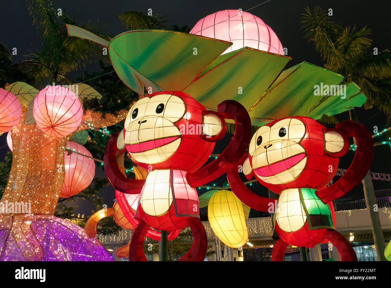Monkey figures as lanterns, exhibition for the Chinese Year of the Monkey 2016, Tsim Sha Tsui, Kowloon, Hong Kong, China Stock Photo