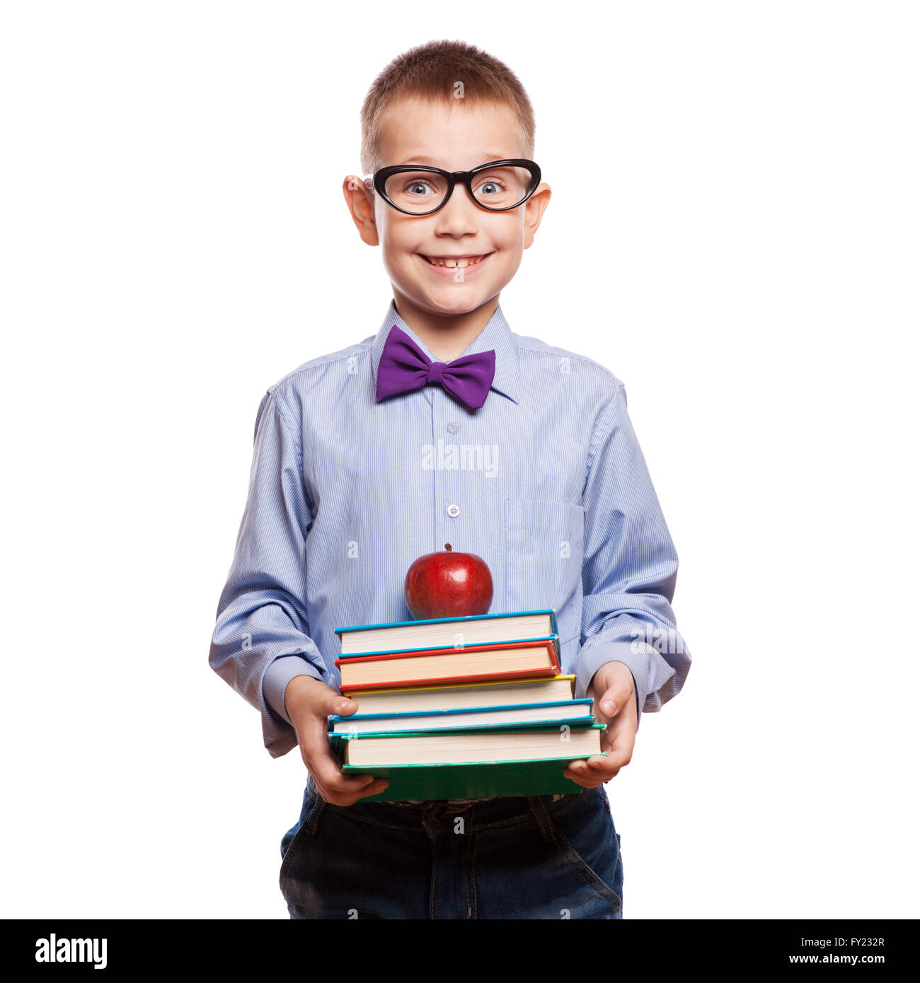 Happy little boy with books isolated on white background Stock Photo