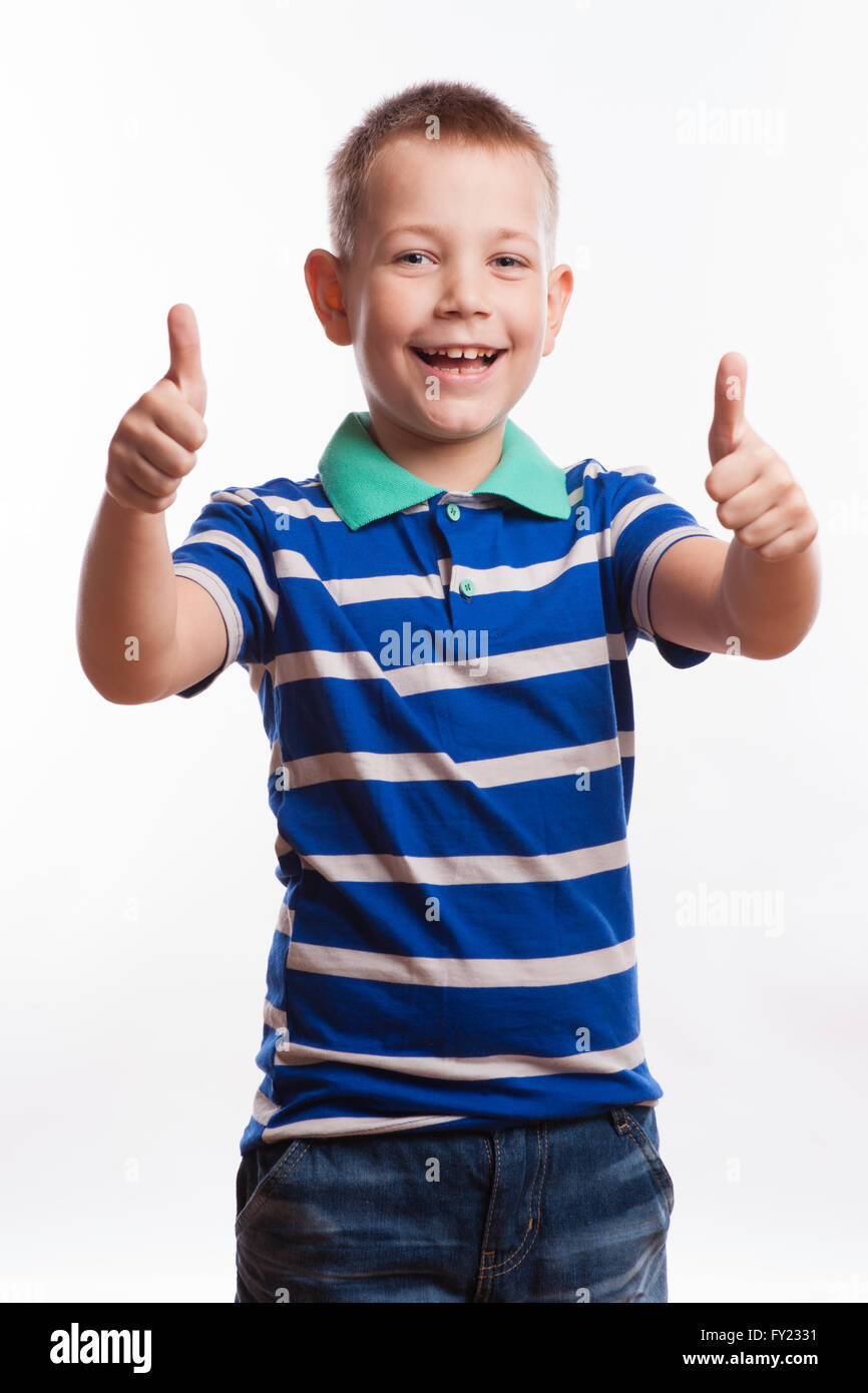 Portrait of happy boy showing thumbs up gesture, isolated over white ...