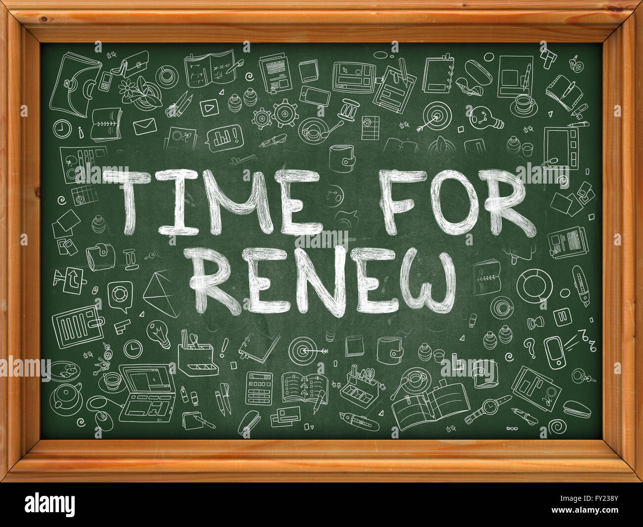 Time for Renew Concept. Green Chalkboard with Doodle Icons. Stock Photo